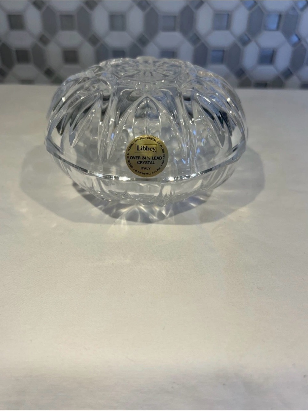 Vintage Lead Crystal Libbey Italy Vanity Dresser Round W/Lid Trinket Jewelry Box